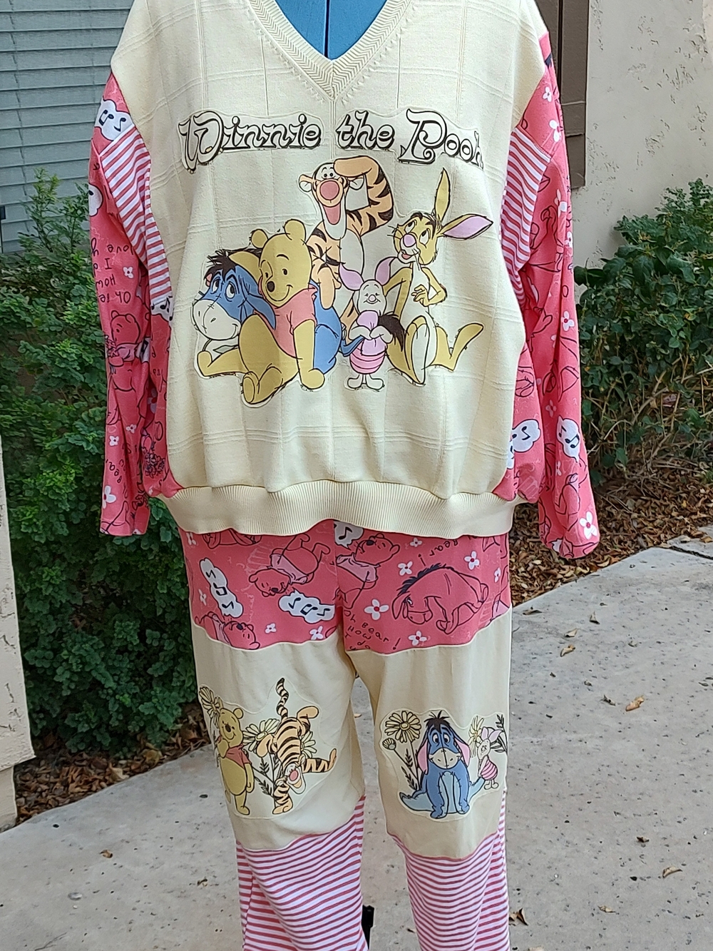 Upcycled Winnie the Pooh Yellow And Coral Sweatshirt And Pants Loungewear Set 1X